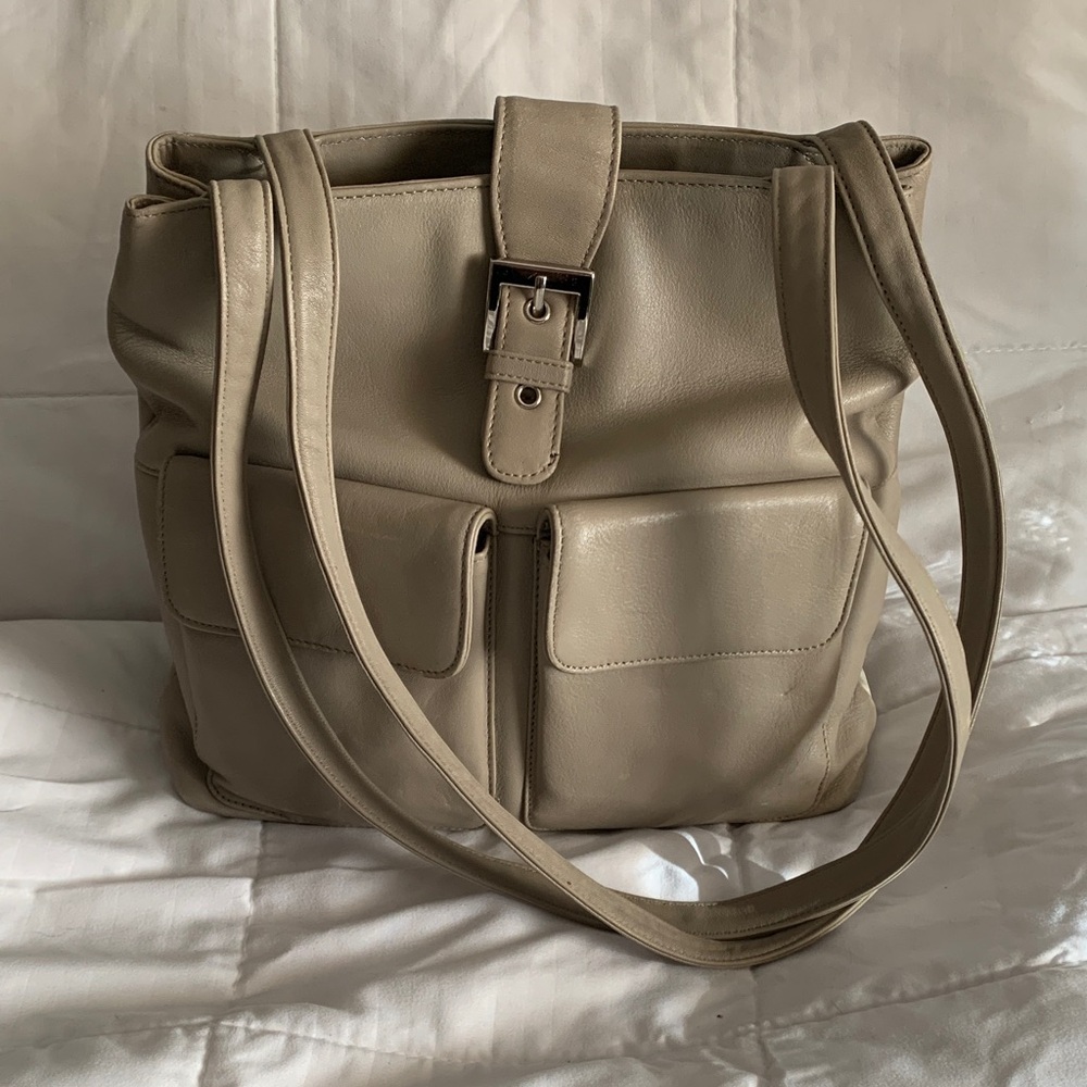 Preston & York leather purse in taupe color
~ 12”x10”x3”; 28” double strap